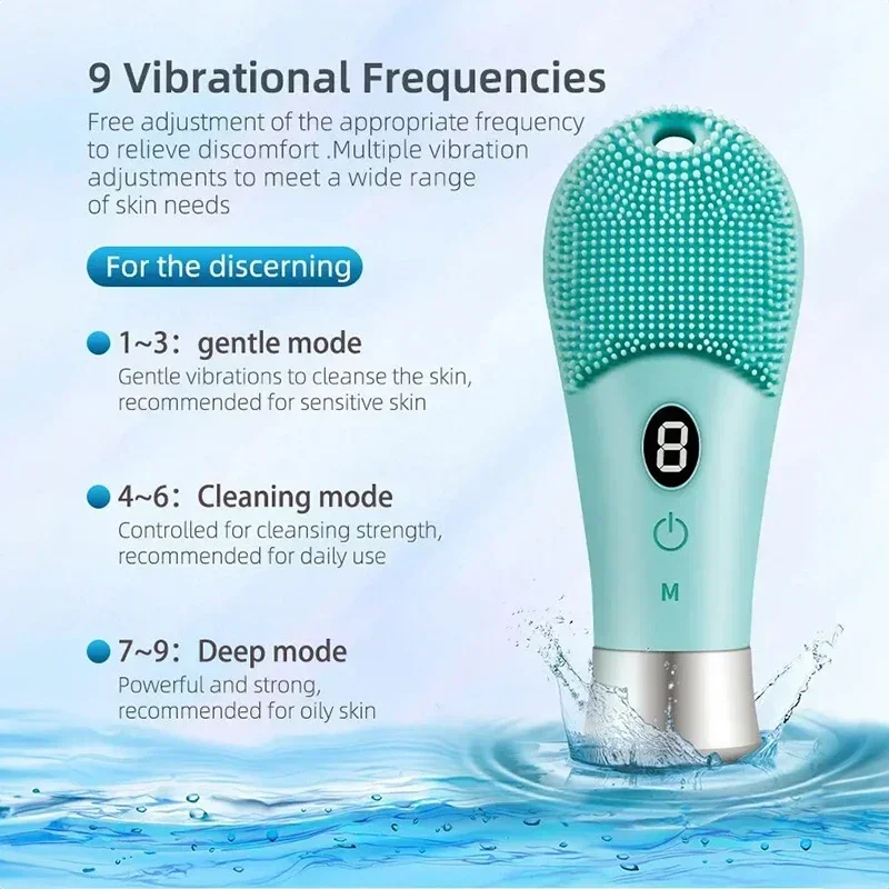 Elektrische siliconen gezichtsreiniger Massager 9-versnelling Sonic waterdichte oplaadbare exfoliërende elektrische gezichtsscrubber schone borstel