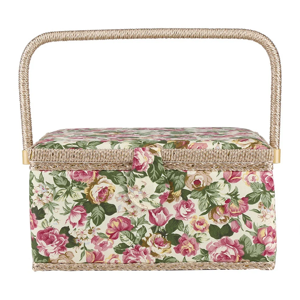 

Fabric Floral Printed Sewing Basket Craft Box Household Sundry Storage Organizer with Handle Storage Box Sewing Box