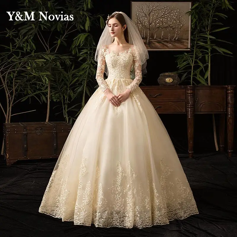 

Y&m New Long Lace Embroidery Ivory White champagne Wedding Dress Full Sleeve Sweet Elegant Plus Size Vestido De Noiva Bride Gown