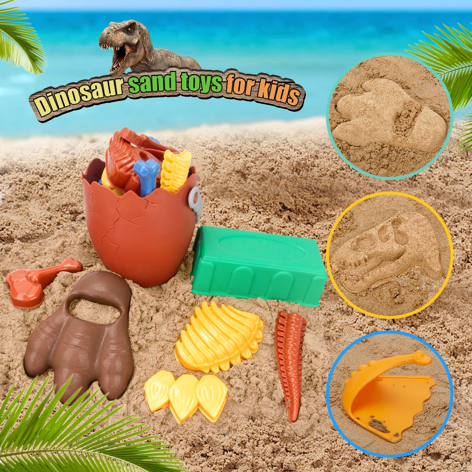 Brinquedos de praia de dinossauro infantil para meninos e meninas de 3 a 8 anos, brinquedos de praia 33 peças, incluindo balde e pá, presente de esqueleto de dinossauro