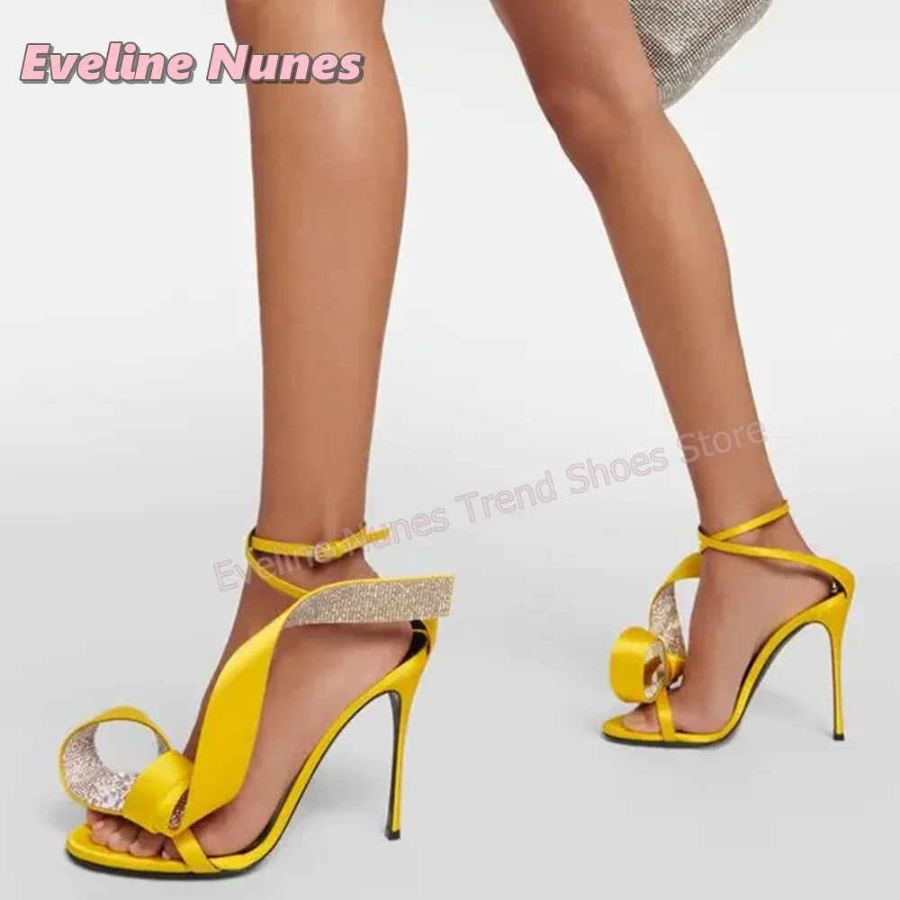 Hot Pink Satin Large Bow Rhinestone Sandals Open Toe Stiletto Ankle Strap Buckle Elegant Wedding Party Dress High Heels Summer view 3