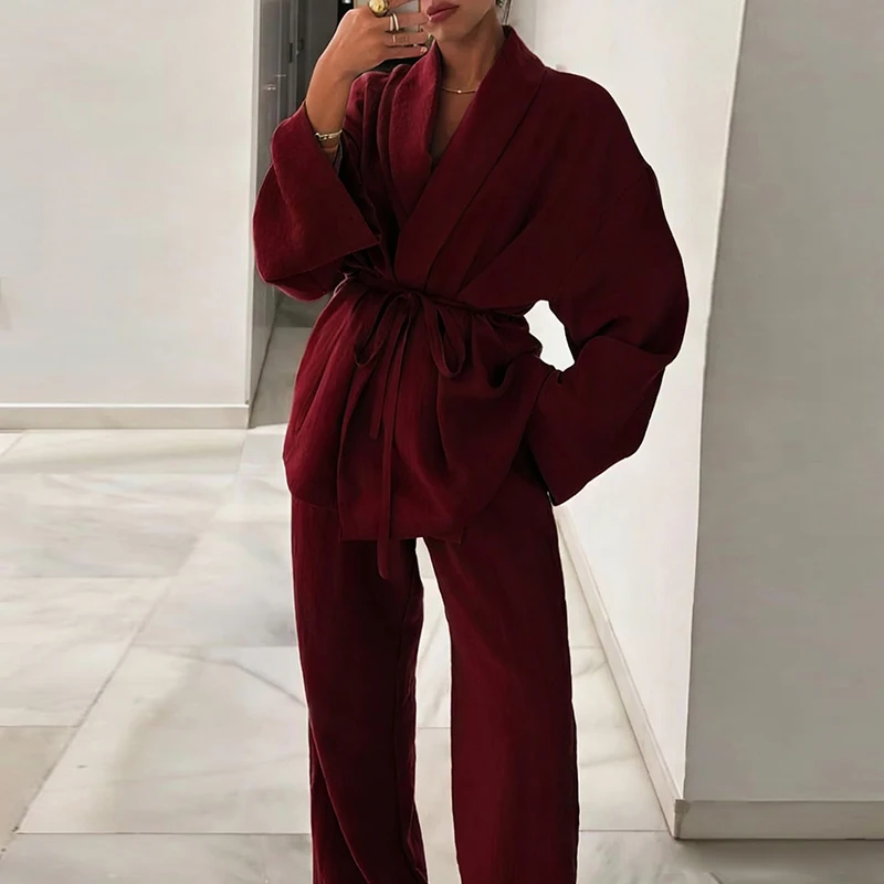 Sexy V-neck Tie Waist Top & Long Pant Outfits Casual Long Sleeve Loose Autumn Suit Women Fashion Simple Wide Leg Pant Solid Set