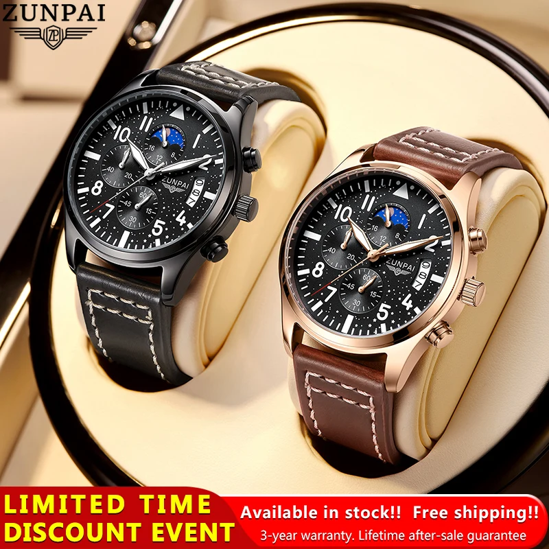 ZUNPAI Original Luxury Watch for men TOP Brand Waterproof sports Leather Chronograph 2021New Fashion Luminous wristwatches