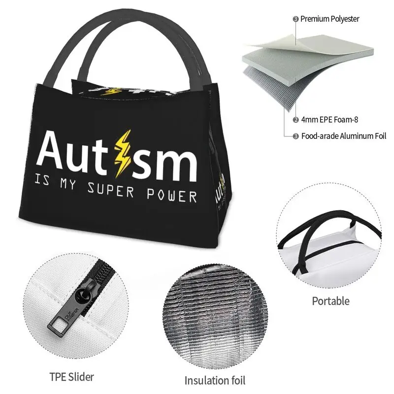 Mm tism Is My Super Power Letter Print Sac à lunch isotherme thermique pour femme, boîte à lunch portable pour camping, voyage, pique-nique, sacs alimentaires