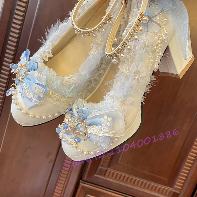 

Pearl Tassel Mary Jane Shoes Women Wedding Shoes Sweet Lace Flower Bow Thick High Heels Summer New Elegant Lady Dress Shoes