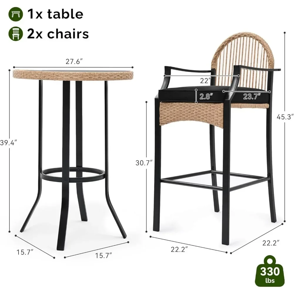 3-teiliges Barhocker-Set aus Korbgeflecht für den Außenbereich mit gepolsterten Barhockern, Terrassen-Bistromöbel für Balkon und Pool, Schwarz + Hellgelb