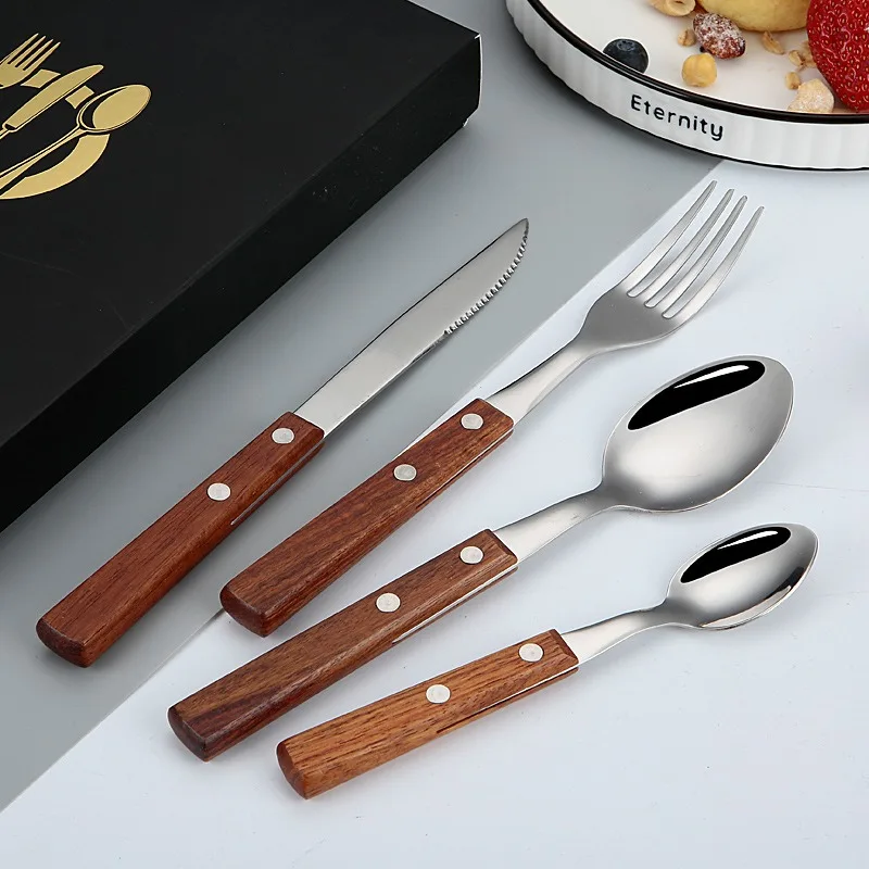 4Pcs Wooden Handle Cutlery Set Mirror 304 Stainless Steel Dinnerware Wood Handle Spoon Knife Fork Dinner Tableware Set Kitchen