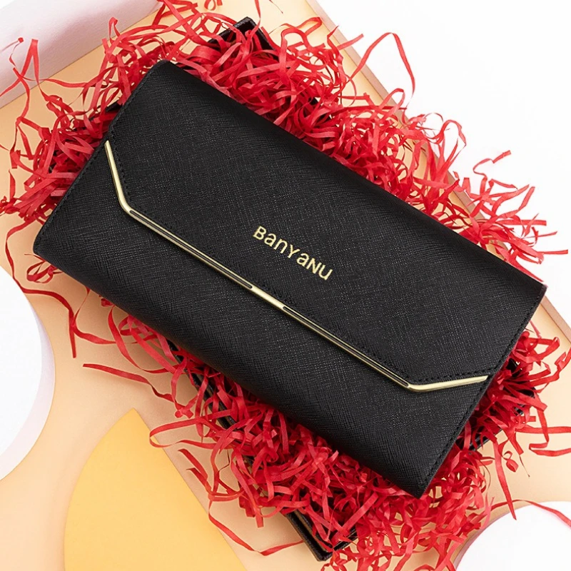 Women's Long Tri-fold Leather Wallet Anti-theft Slim Design Simple Fashion Genuine Leather Purse