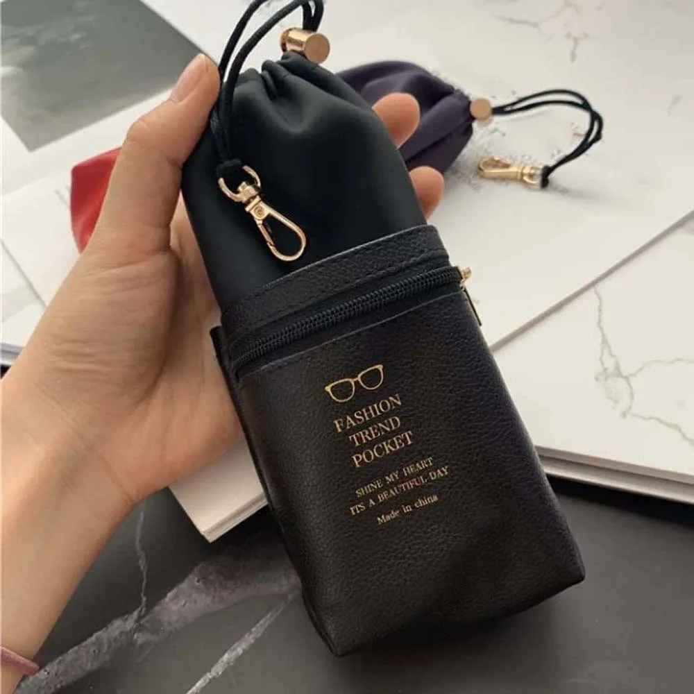 Portable Drawstring Glasses Organizer Double-layer Large Capacity Eyewear Storage Bag with Key Ring Anti-lost