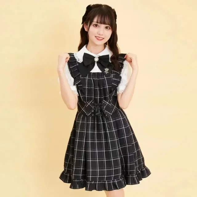 SC Lolita Rojita Dress Mine Mass-Produced Women's Summer Autumn Dress High Waist Plaid Lace Janpanese Long Sleeve Mini Dress