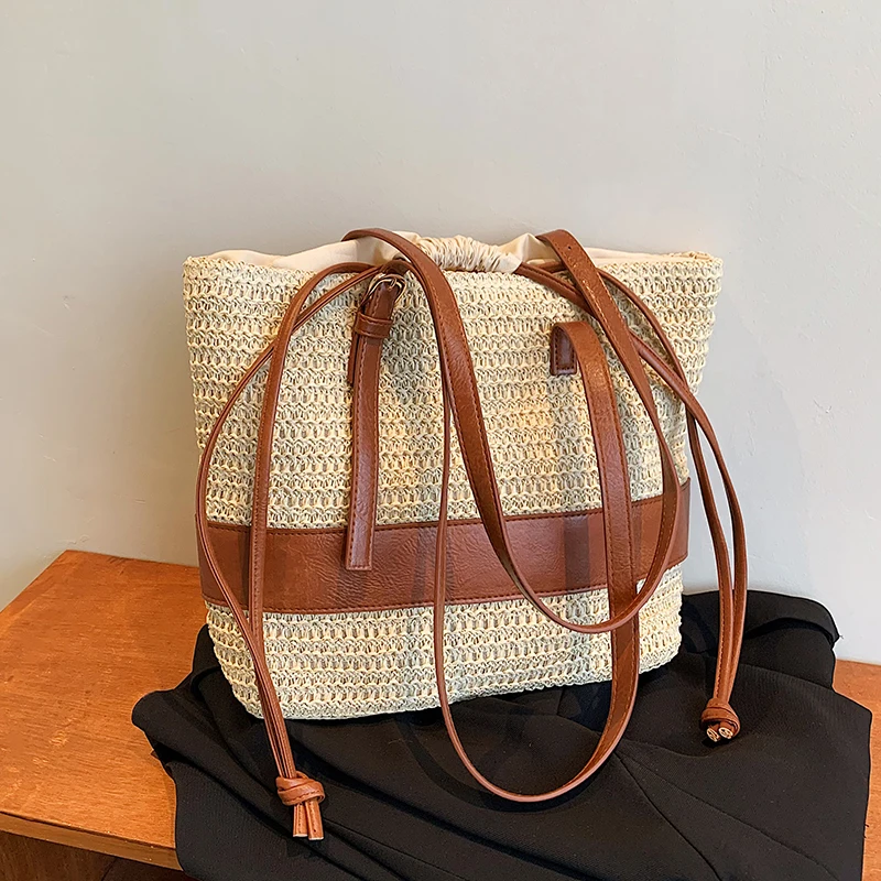 Summer Straw Bag For Women Woven Handmade Handbag Large Capacity Lady Tote Vacation Beach Bag Rattan Shoulder Bag splicing Totes