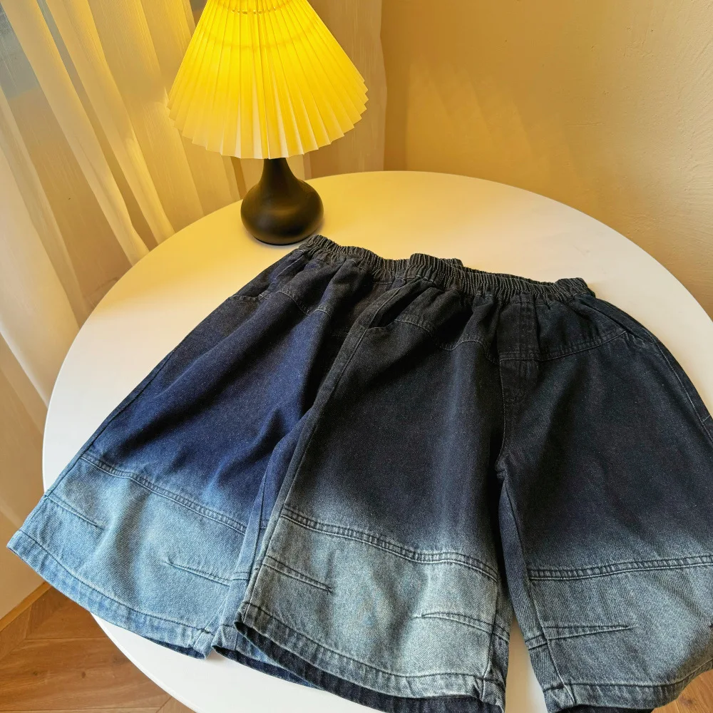 

Children Pants 2024 Summer Boys and Girls Korean Style Loose Casual Gradient Denim Medium Pants Children Pleated Jeans