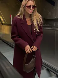 TRAFZA 2024 Herbst Elegante Windjacke Für Frauen Lange Ärmel Einfarbig Revers Mit Taschen Zweireiher Vintage Mäntel