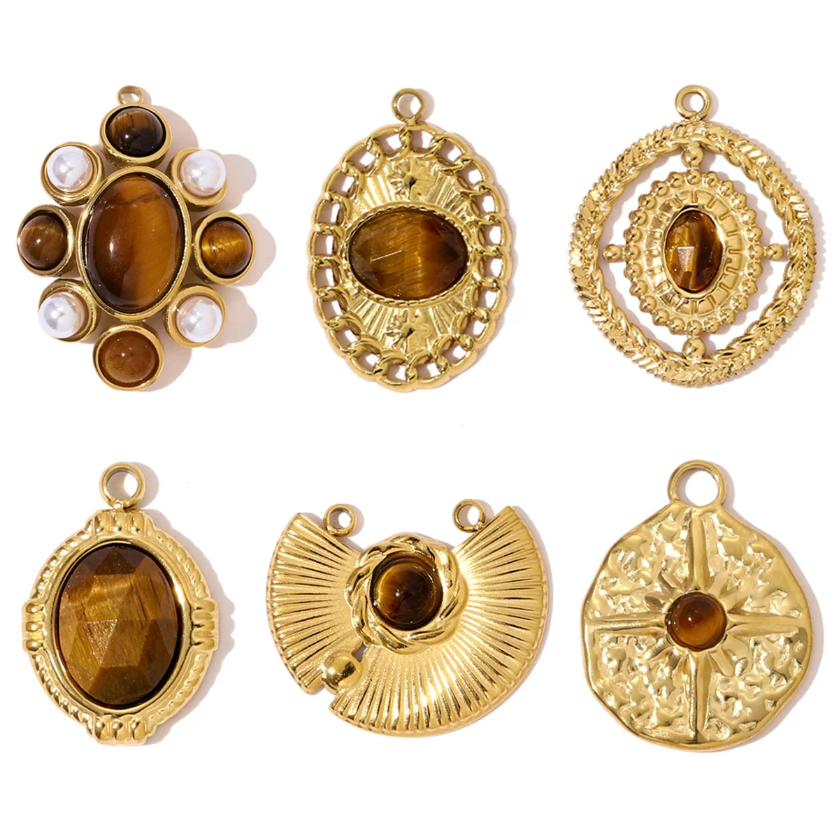 3 teile/los Französisch Edelstahl Natürliche Tigerauge Stein Halskette Anhänger Stern Kreuz Oval DIY Charme Frauen Blume Blatt Schmuck