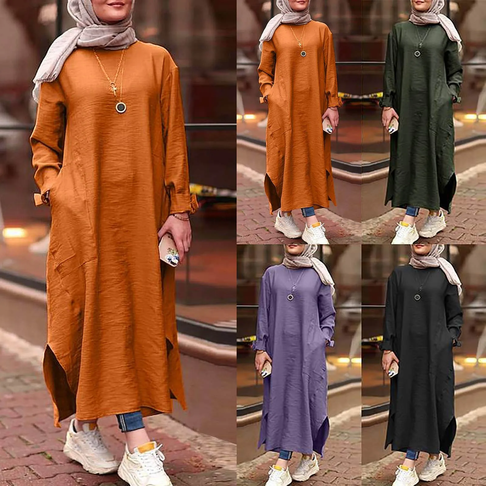 Frauen Retro Abaya lässig Rundhals ausschnitt Langarm Kleid Abaya Robe mit Taschen Frühling einfarbig lose Saum Schlitz Maxi kleider