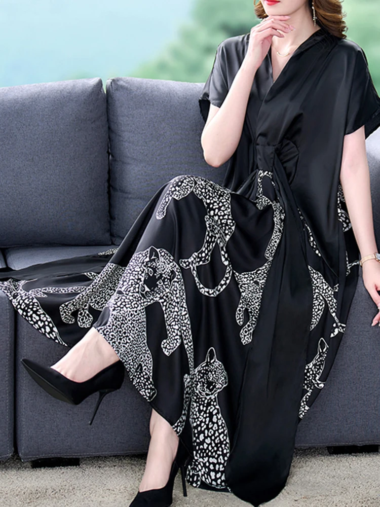 Summer Black Print Natural Silk V-Neck Midi Dress Women Short Sleeve Elegant Bodycon Dress 2024 Korean Vintage Hepburn Vestidos