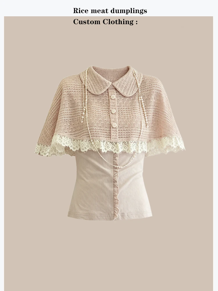 

Design Sensation Women's Cloak Style Knitted Top Slim Fit Bean Paste Pink Summer Fashion French Style Short Sleeve Shirt