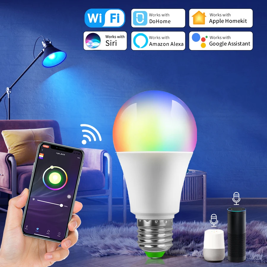 

WiFi Smart LED Bulb DoHome E27 12W RGB+CW+WW Dimmable Led Light Works With Google Home HomeKit For Bedroom Living Room Decor