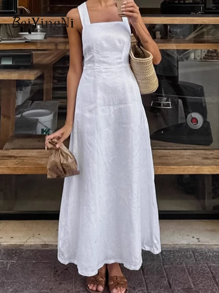 

Beiyingni женское элегантное белое платье миди темпераментное французское длинное платье трапециевидной формы с открытой спиной на бретельках женские сексуальные повседневные халаты