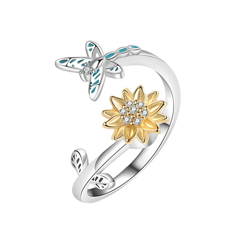 Fashion Crystal Anxiety Relief Spinning Ring For Girl Copper Butterfly Flower Wedding Rotating Rings Fidget Metal Spinner view 6