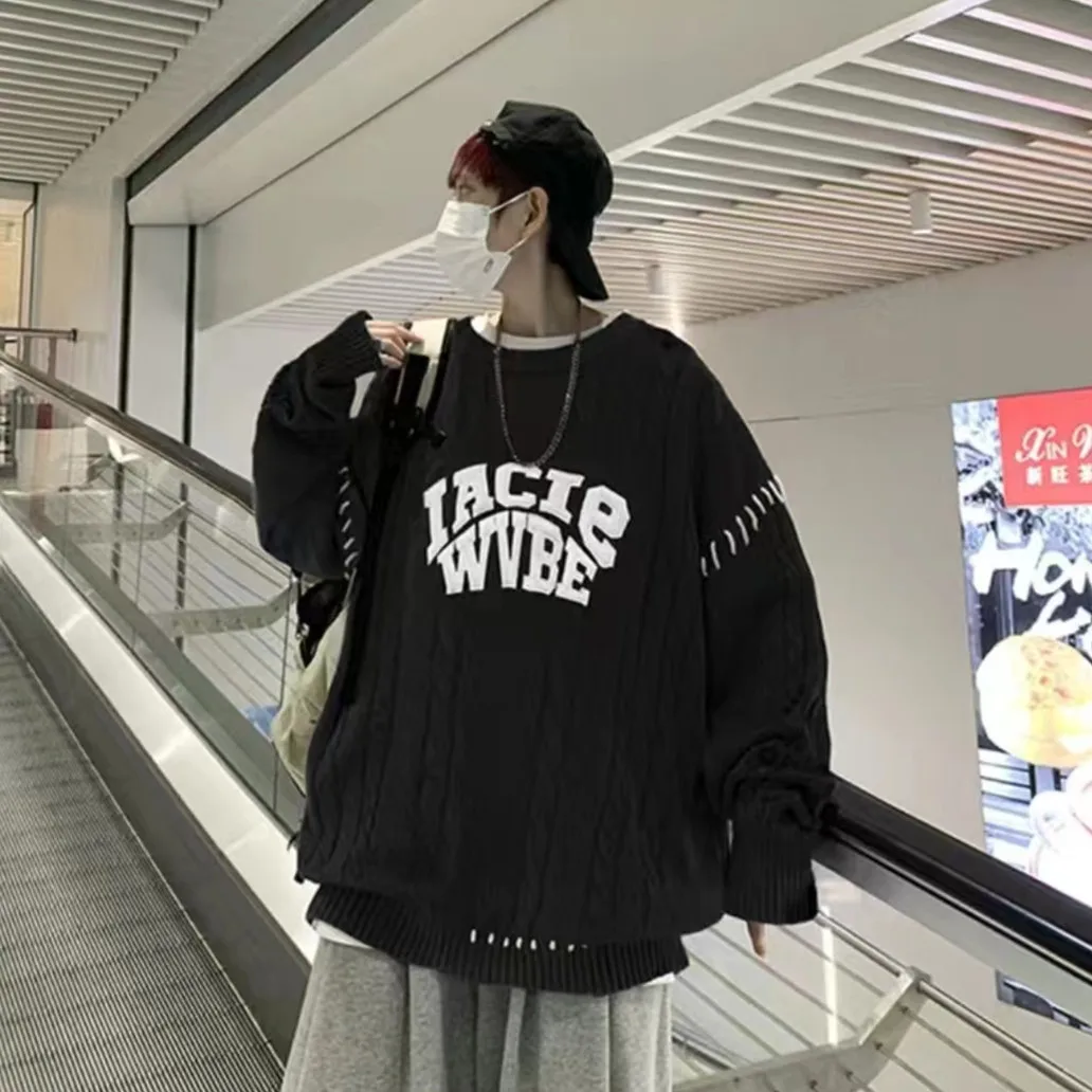 Suéter de Malha Plus Size com Gola Redonda Casual Ajuste Solto Moda Masculina Outono Inverno Estilo Retro Coreano Roupas para...