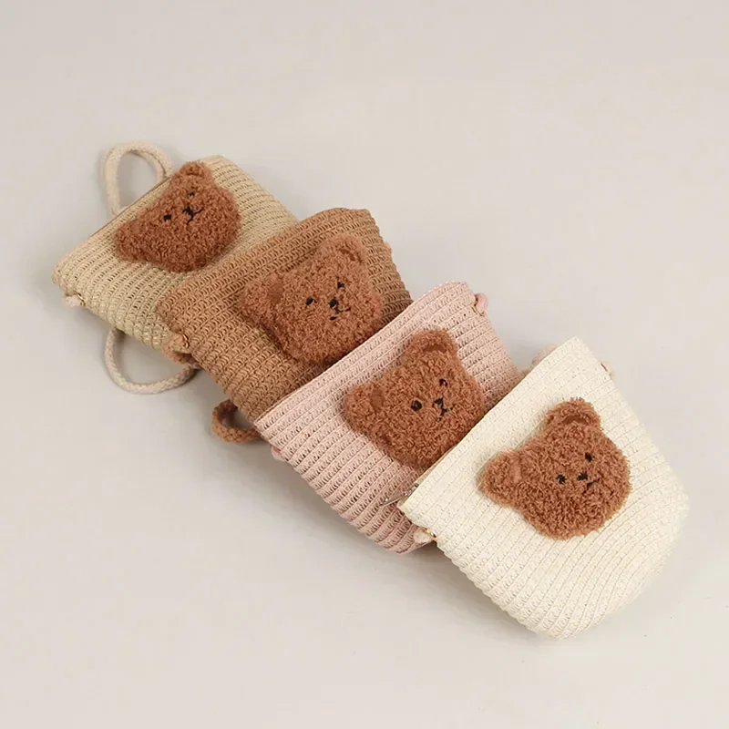 Cute Cartoon Bear Kids Shoulder Bags Summer Straw Woven Coin Purse Girls Boys Mini Zipper Wallet Children Beach Crossbody Bag