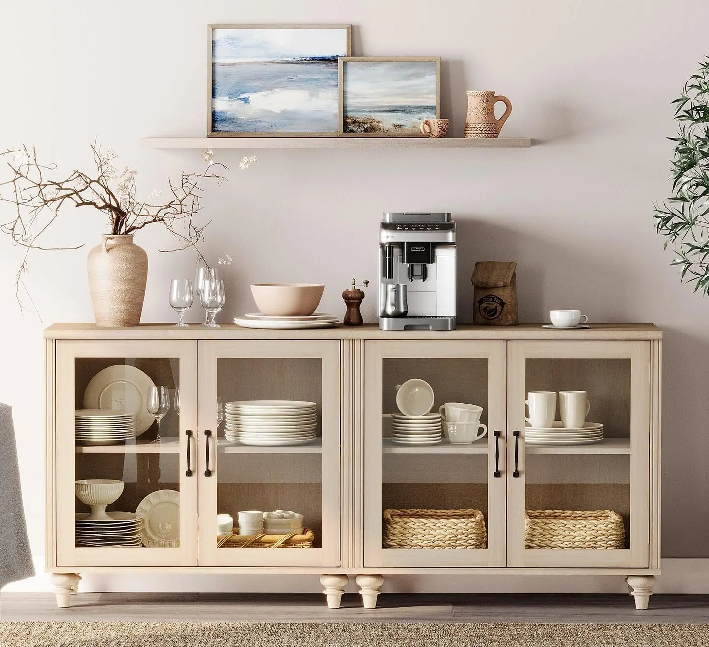 

Buffet Cabinet With 4 Glass Doors, Wood Kitchen Storage Cabinets Large Coffee Bar Table With Adjustable Shelf, Modern Farmhouse