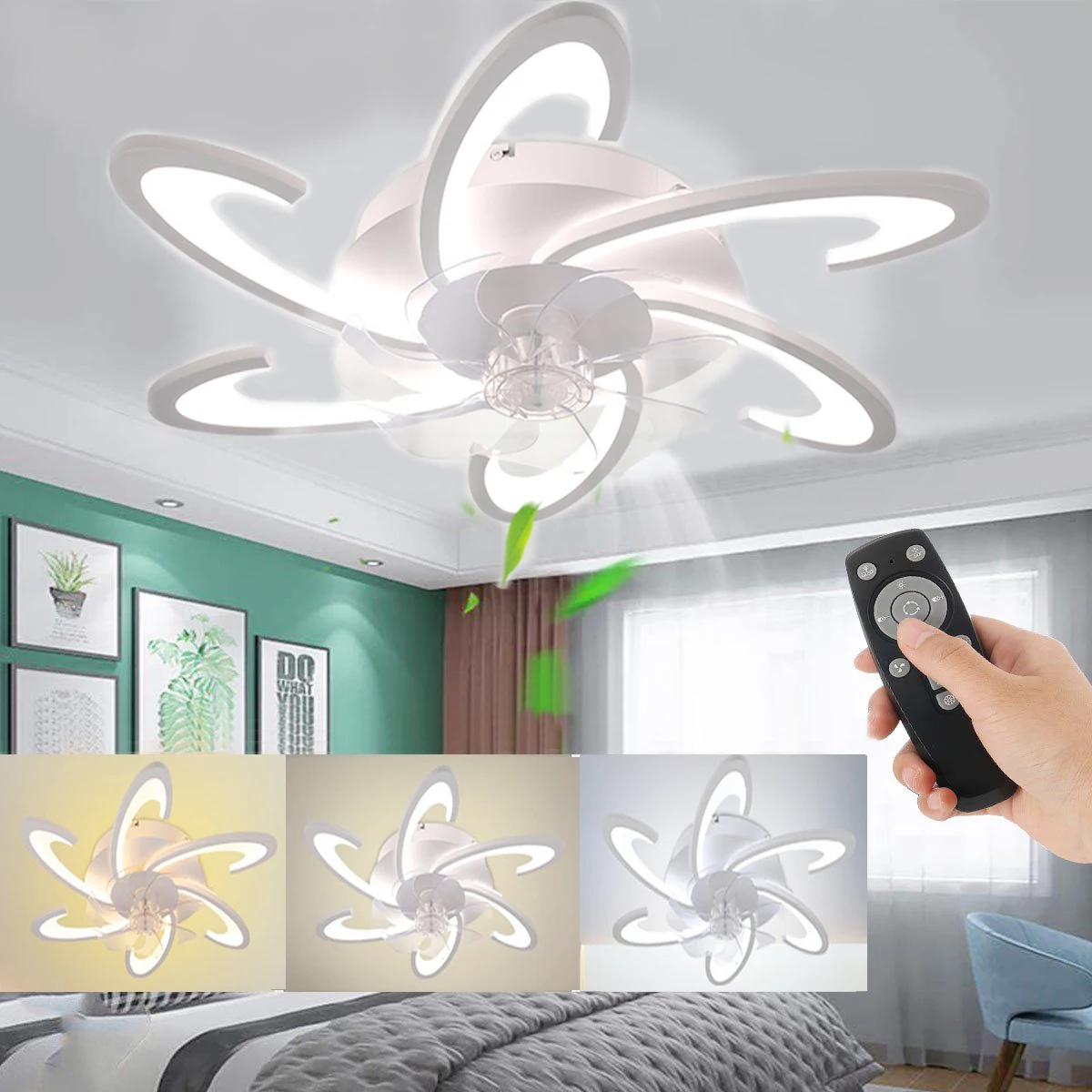 Cichy wentylator sufitowy w kształcie półksiężyca o mocy 85W z oświetleniem, lampa sufitowa LED z wentylatorem, wentylator do salonu z możliwością ściemniania i pilotem.