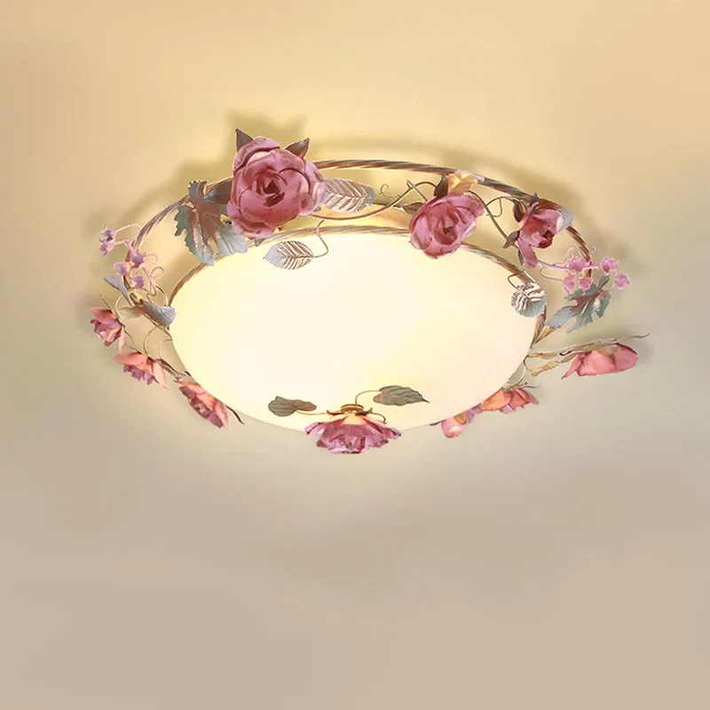 French Romantic Garden Decorative Glass Light Pink Rose Blossoms Children's Princess Room Ceiling Lamp Theme Restaurant Lighting