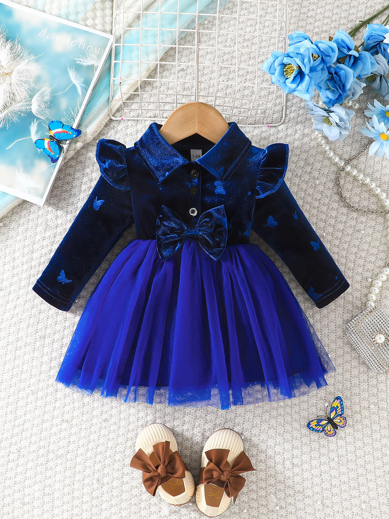 Winter 2024 Girls Dress Girls Long Sleeve Turn-down Collar Bow Blue Cute Preepy Look Birthday Party Dresses Vestidos 3M-3T