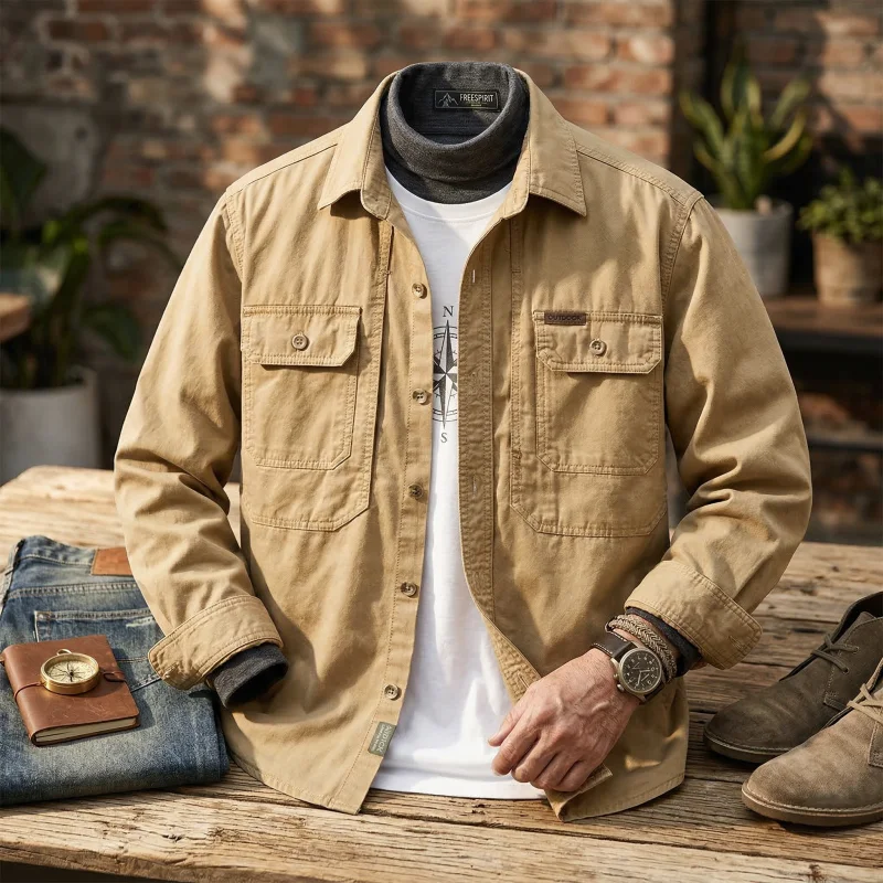 

Maxbarley Cargo Shirt Mens 2026 New Spring Loose Cotton Comfortable Long Sleeve Tops Man Casual Retro Button Cardigan Shirts