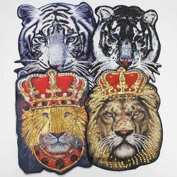 2pcs Big Lion King Head Beaded Tiger Bull dog Patches Sequin Motifs Large Fabric Animal Patch Sew on Big T-shirt Jacket Sweater