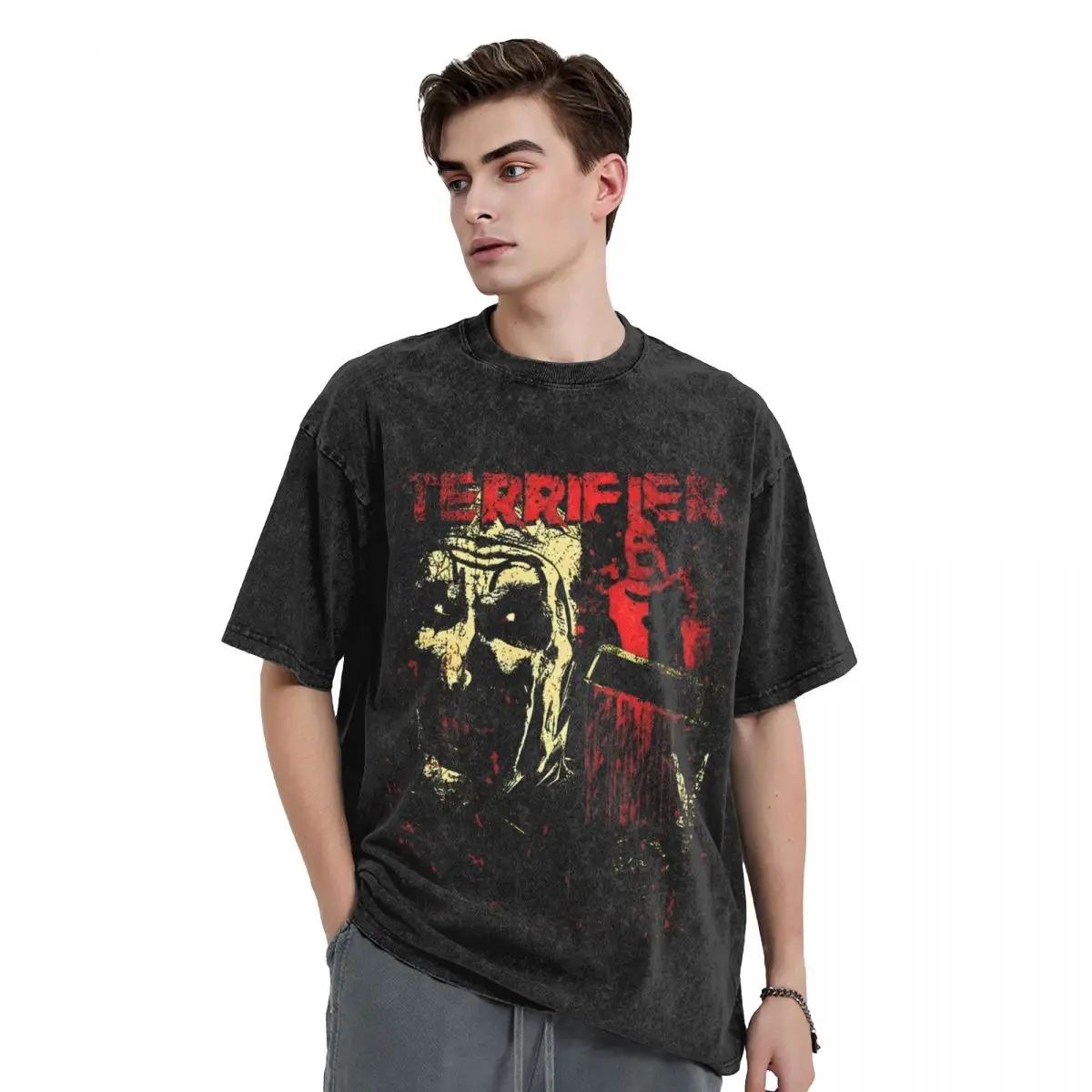 

Mens T Shirt Terrifier Hallowen Horror Films Washed T Shirts Hippie Summer Tees Vintage Loose Cotton Tops Dropshipping