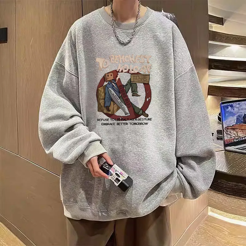 Paper box printed long sleeved round neck hooded sweatshirt for spring and autumn casual fashion, men's and women's street style