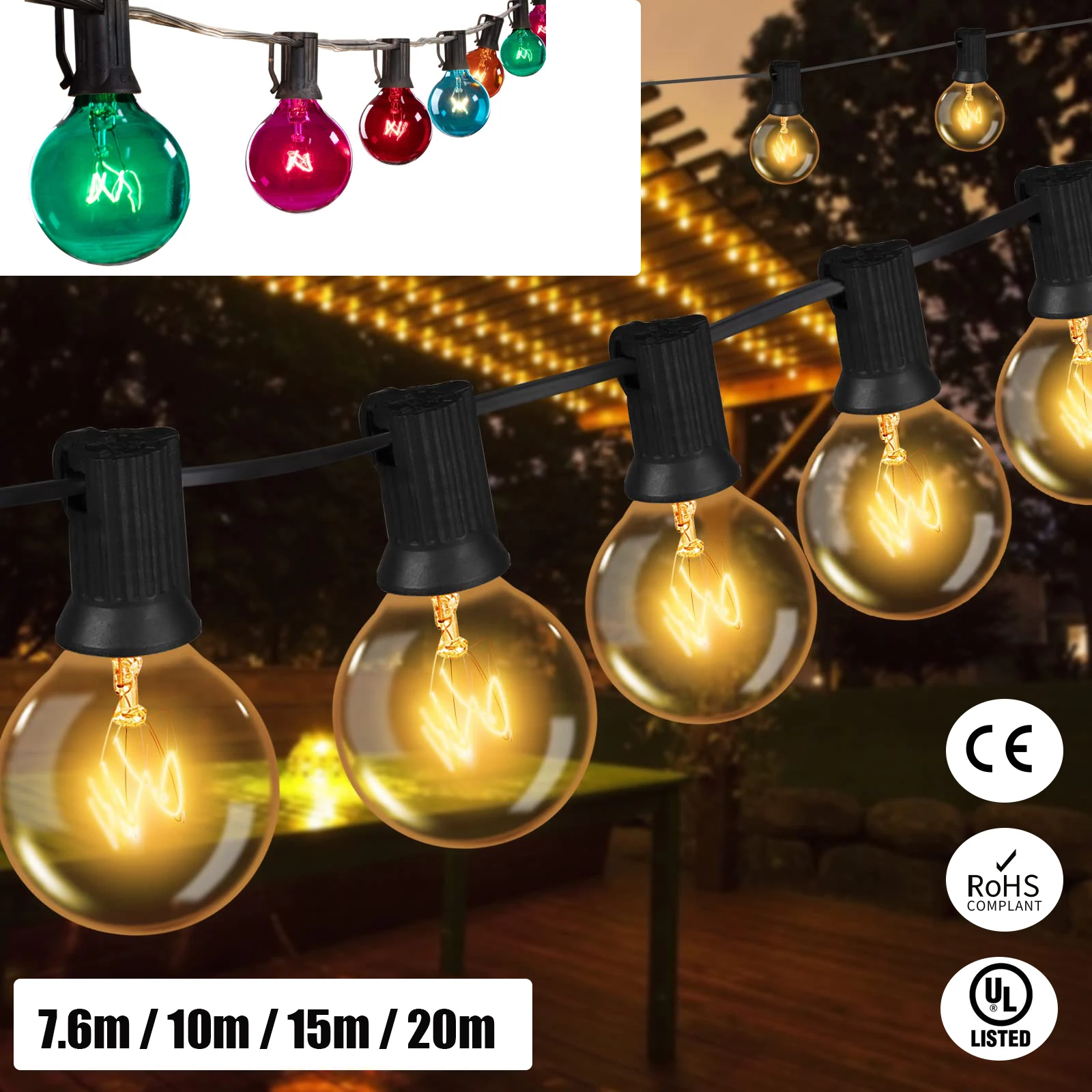 tungstenio outdoor string light globo edison lampadas incandescentes ip44 a prova dagua cadeia multicolor fairy light plugue ue 7w g40 01