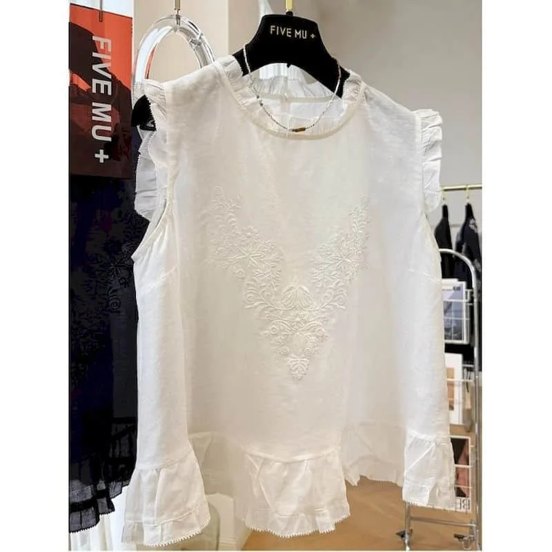 Elegant Vests O-neck Frilled Trim Casual Korean Style Sleeveless Tops Flower Embroidery Shirts 2026 Summer Sale Women Clothing