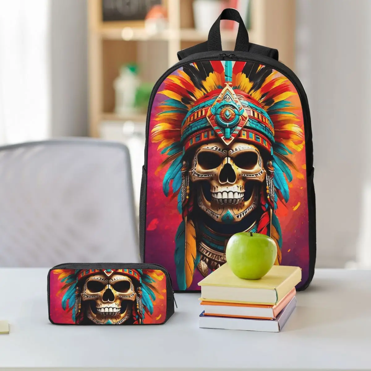 Aztec Skull7 Backpack Boys Girls BookBag School Bag Shoulder Bags 3ps Insulated Lunch Bag Pencil Case