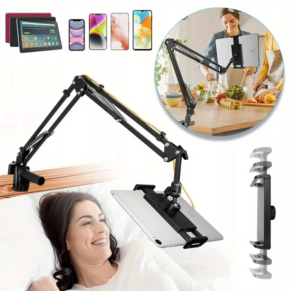 Supporto per letto, supporto per tablet, 360 ° Supporto regolabile in altezza, angolazione e rotazione, ideale per il letto, la scrivania e la cucina, per smartphone e tablet.