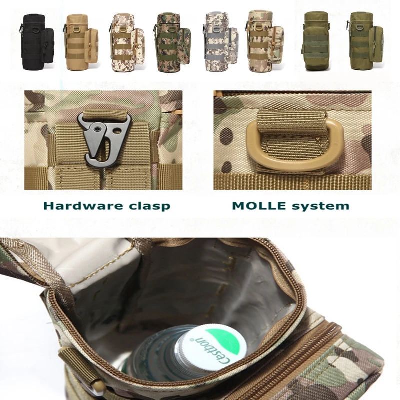 2Pack Molle Water Bottle Bags with Cover Tactical Outdoor Camping Hiking Travel Drawstring Waters Holder Pouch 0.5-1.5L