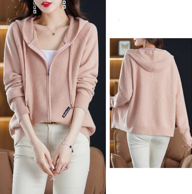 Women\'s Solid Color Sweater 2024 Spring Knitted Cardigan Korean Fashion Hooded Top Loose Casual Zipper Knitwears Coat