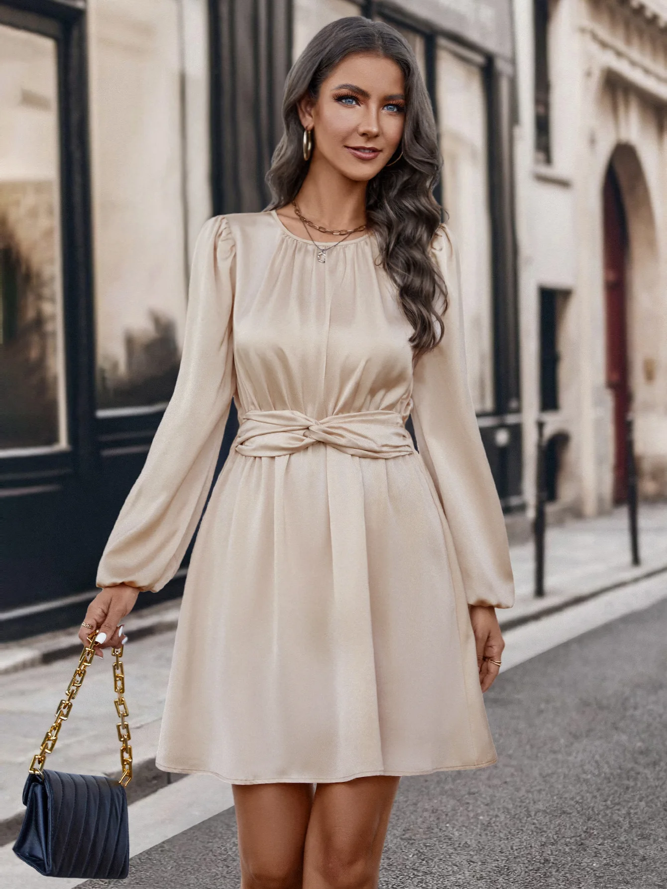 New Comfortable Casual Women Dresses 2023 Elegant Round Neck Fitted Autumn And Winter Mini Dress Green Waist Pleated Party Dress