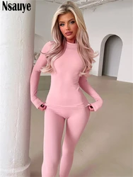 Nsauye Women Fashion Casual Sport Tracksuit 2024 Long Sleeve T Shirt Tops Skinny High Waisted Sexy Y2K Club Pants Two Piece Set