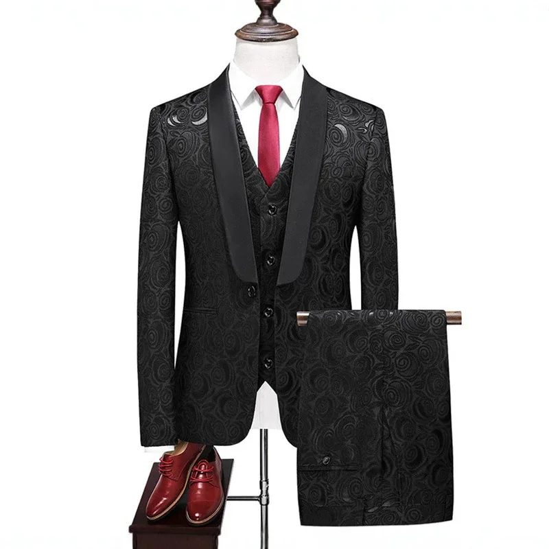Europe and The United States New Fashion Men's Personalized Suit Three-piece Fashion Jacquard Slim Wedding Travel Suit
