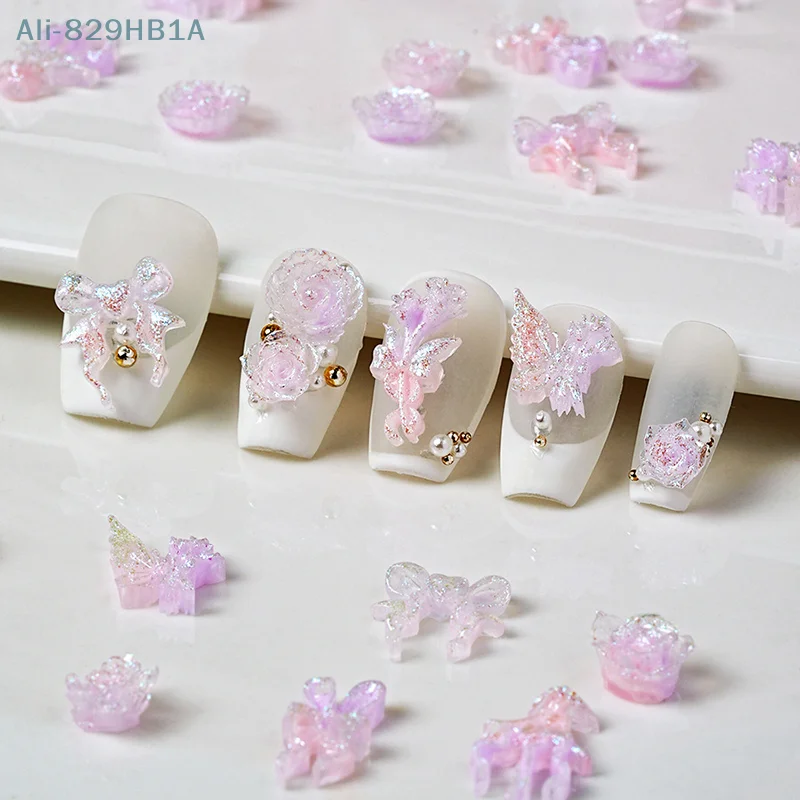 Fine Sparkling Light Purple Nail Accessories Material Package Resin Peony Flower Nail Jewelry Luminous Nail Decoration