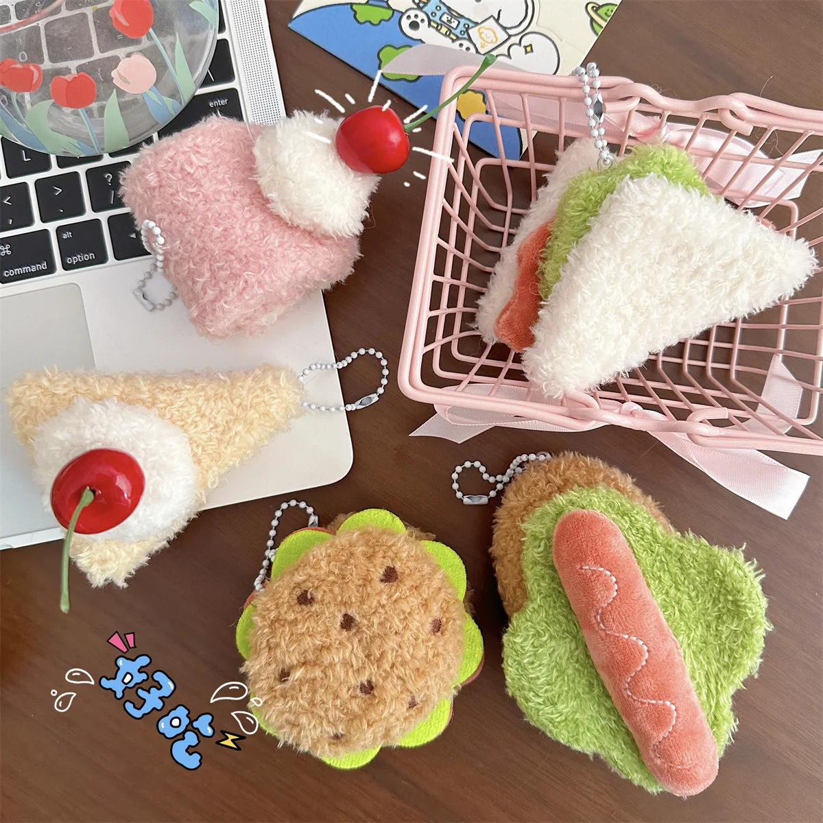Creative Simulation Sandwich Plush Keychain Cartoon Hamburger Cake Hot Dog Food Model Car Keyring Men Women Backpack Decoration