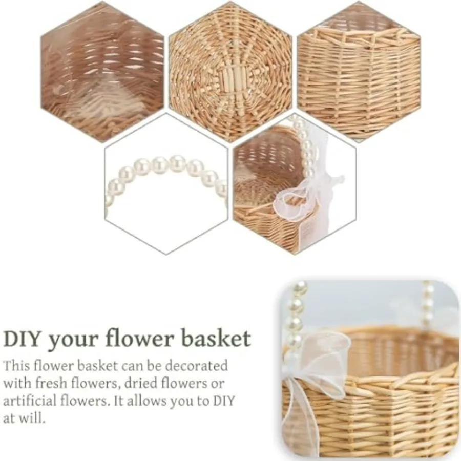 Wedding Flower Girl Basket with Pearl Handle Bow and Waterproof Lining for Outdoor Picnic Handwoven Cute Small Wicker Rattan Fa