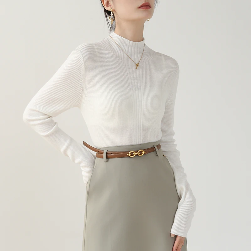 

Knitted Sweater Women Pullovers New Long Sleeve Mock Neck White Knit Sweater Pullover Women Tops Sweaters Sueters De Mujer Q789