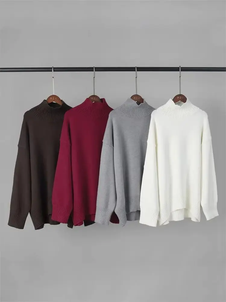 المرأة تريكو سترة الموضة الياقة المدورة بلوزة عادية أنيقة مضلع فضفاضة طويلة الأكمام بلون الإناث سترة الإناث #6