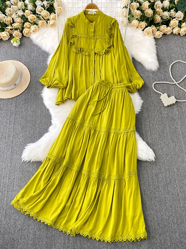 

Spring Autumn Women's Set French Lace Splicing Loose Casual Single Breasted Shirt High Waist Big Swing Skirt Two Piece Set D43