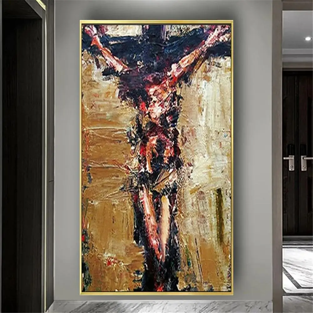 Nordic Religious HandPainted Oil Painting  Abstract Crucifixion Canvas Art Hallelujah Wall Decor for Home   Unique